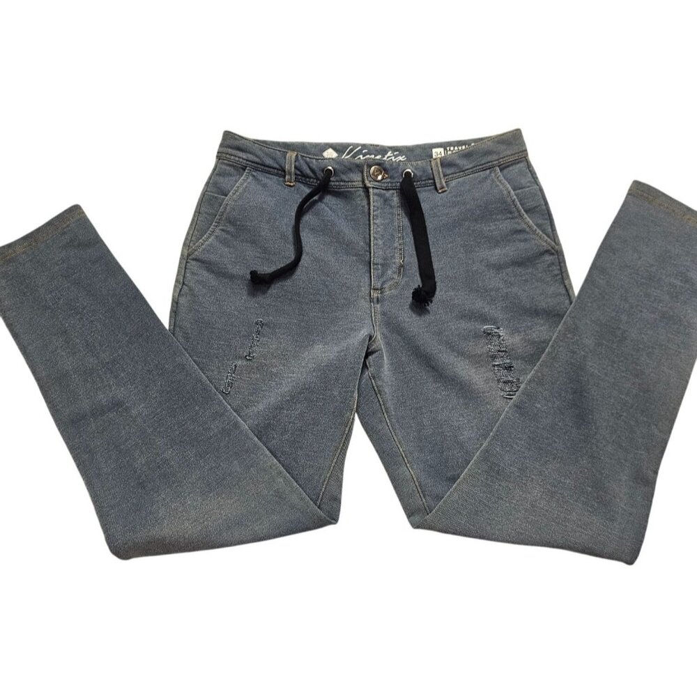 Kinetix Mens 34 x 31 Travel Slim Straight Fit Jeans Blue Denim Distressed Style